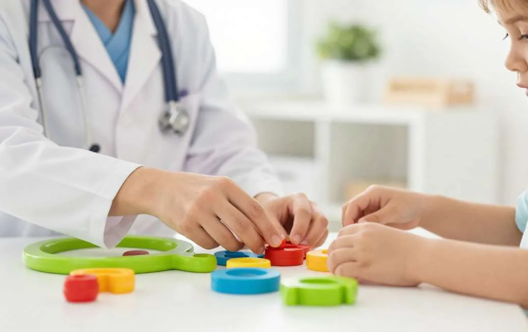 Profissional da clínica realizando atividade lúdica com uma criança
